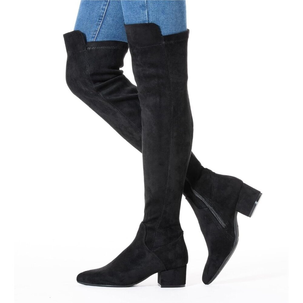 Women's Black High Thigh Low Block Heel Stylish Boots - Picture 2 of 6